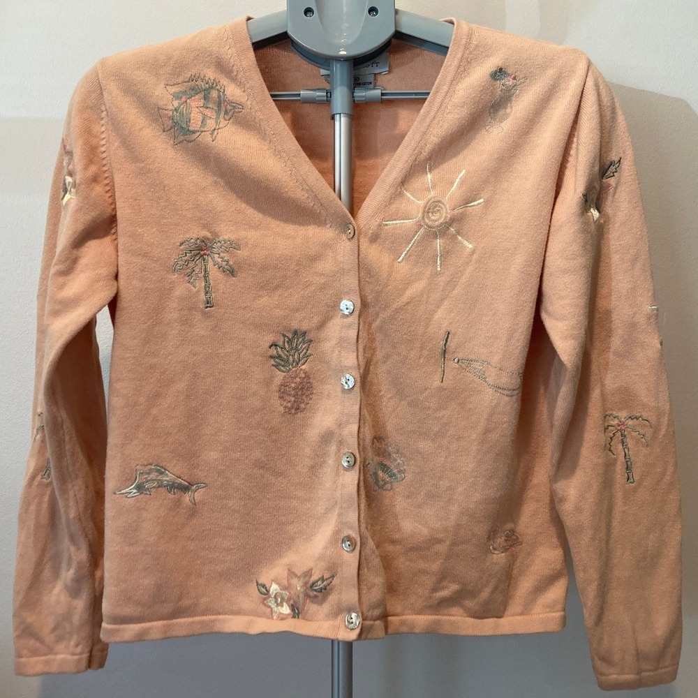 90s Robert Scott Peach Tropical Embroidered V-Neck Cardigan Sweater Beach Summer